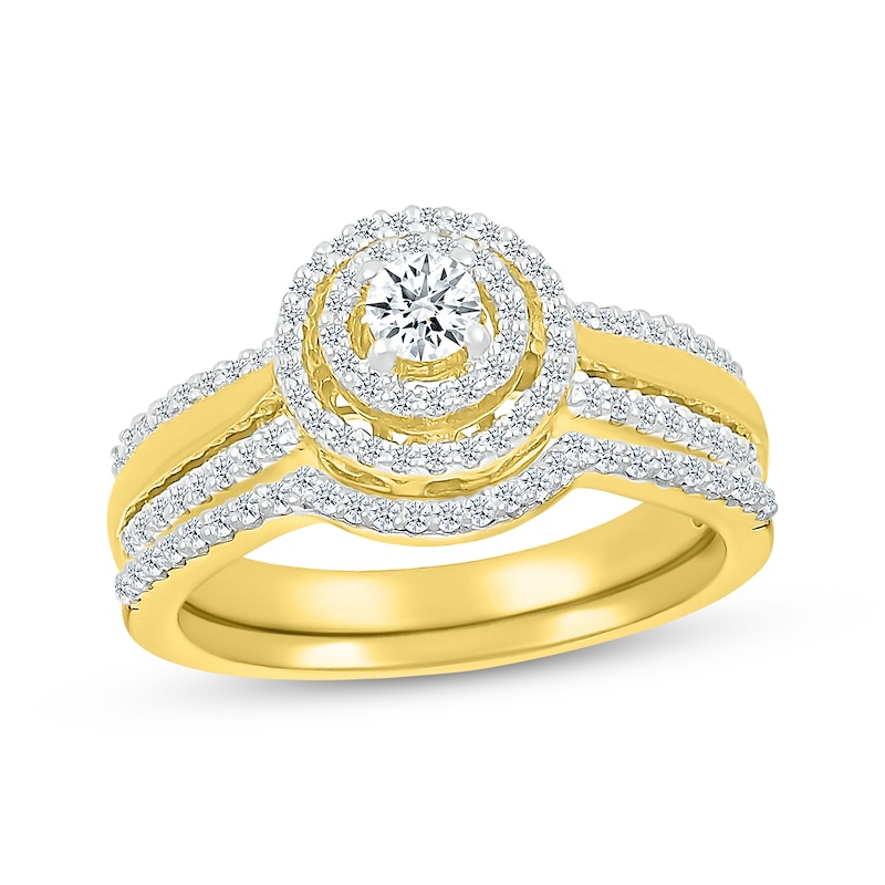 Main Image 1 of Round-Cut Diamond Double Halo Bridal Set 1/2 ct tw 10K Yellow Gold