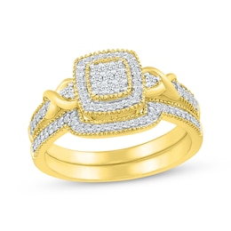 Multi-Diamond Cushion Halo Frame Bridal Set 1/3 ct tw Round-Cut 10K Yellow Gold