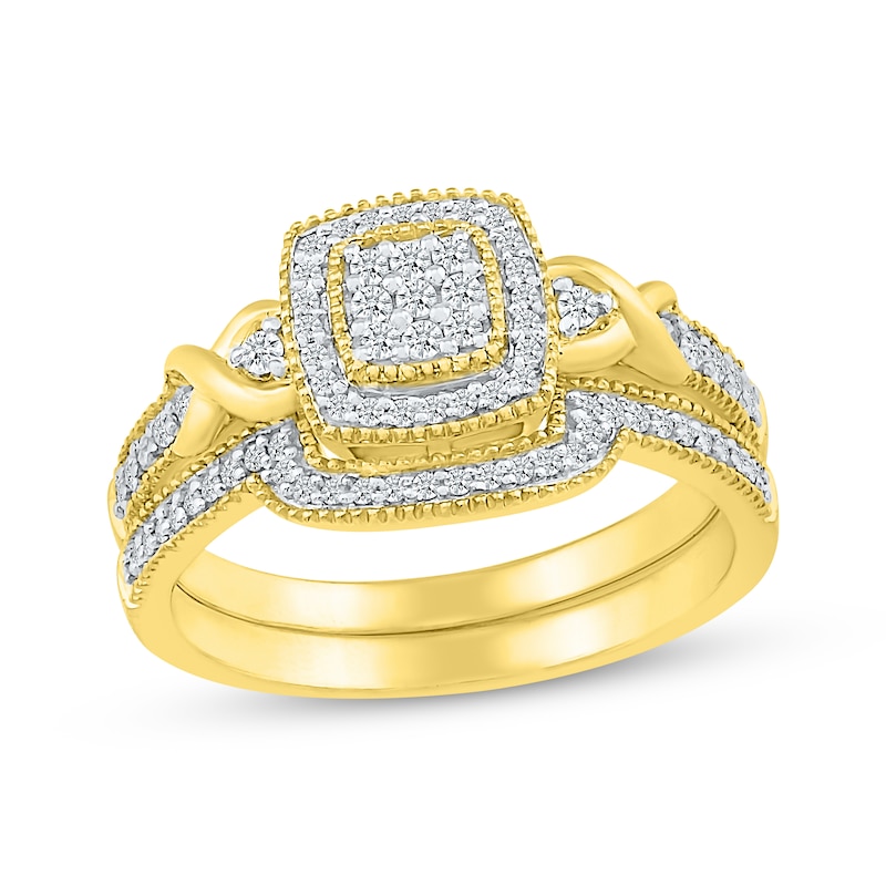 Main Image 1 of Multi-Diamond Cushion Halo Frame Bridal Set 1/3 ct tw Round-Cut 10K Yellow Gold