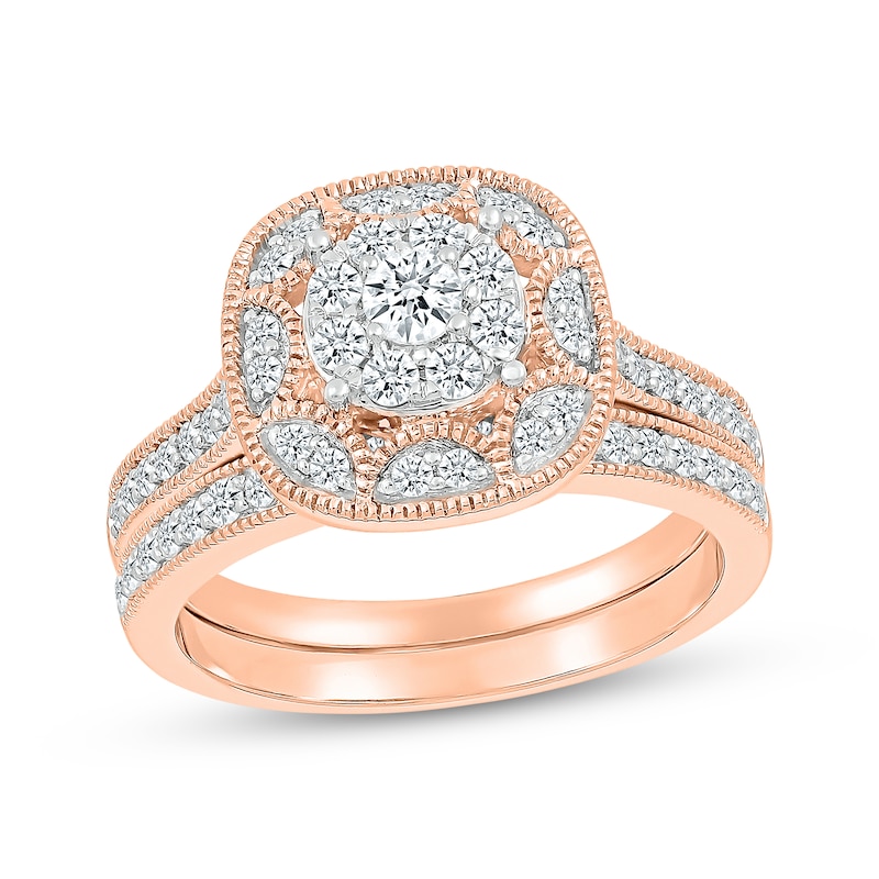 Main Image 1 of Round-Cut Diamond Halo Cushion Frame Bridal Set 5/8 ct tw 10K Rose Gold