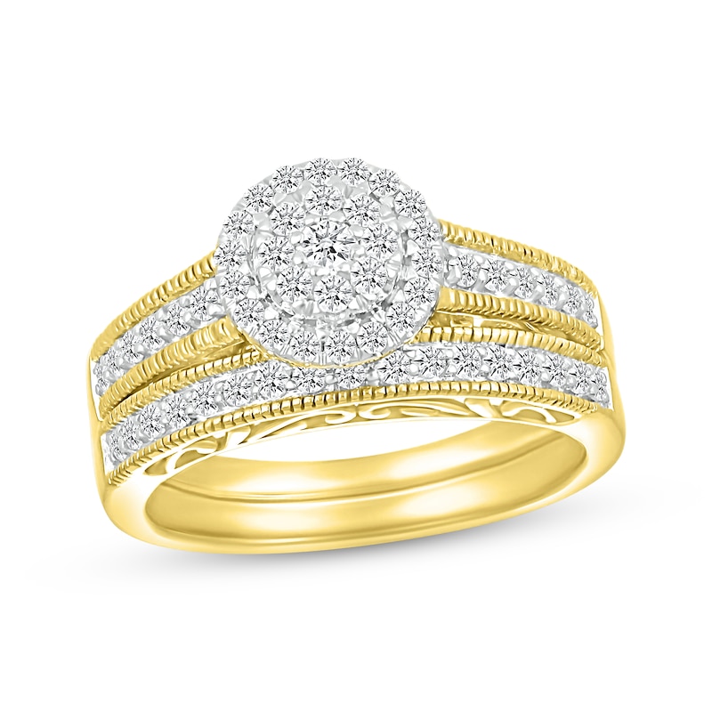 Main Image 1 of Multi-Diamond Halo Round-Cut Bridal Set 1/2 ct tw 10K Yellow Gold