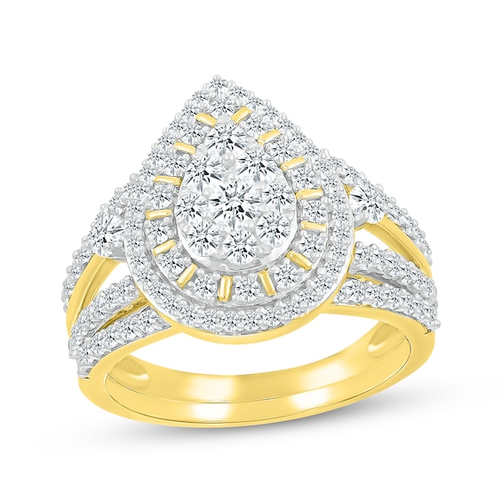Multi-Diamond Pear-Shaped Double Frame Bridal Set 1-1/4 ct tw Round-Cut 10K Yellow Gold