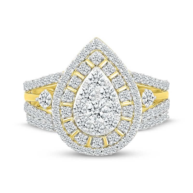 Main Image 4 of Multi-Diamond Pear-Shaped Double Frame Bridal Set 1-1/4 ct tw Round-Cut 10K Yellow Gold