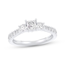 Princess & Round-Cut Diamond Three-Stone Engagement Ring 1 ct tw 14K White Gold