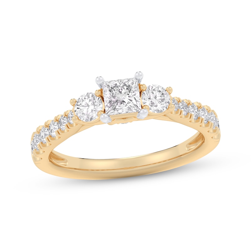 Main Image 1 of Princess & Round-Cut Diamond Three-Stone Engagement Ring 1 ct tw 14K Yellow Gold