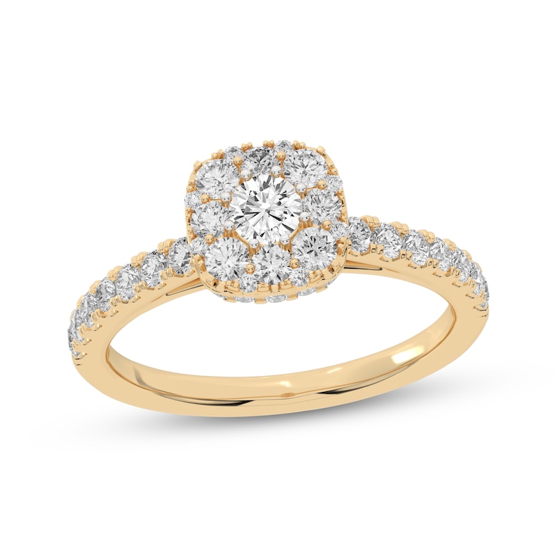 Main Image 1 of Multi-Diamond Center Cushion-Shaped Halo Engagement Ring 3/4 ct tw 14K Yellow Gold