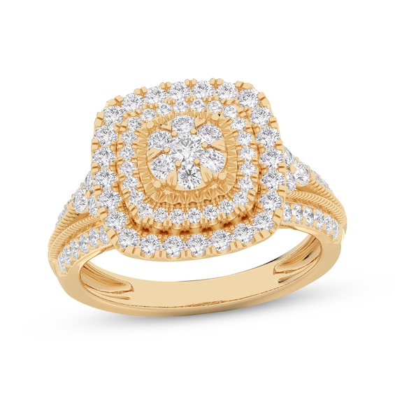 Multi-Diamond Cushion Double-Halo Engagement Ring 1 ct tw 14K Yellow Gold