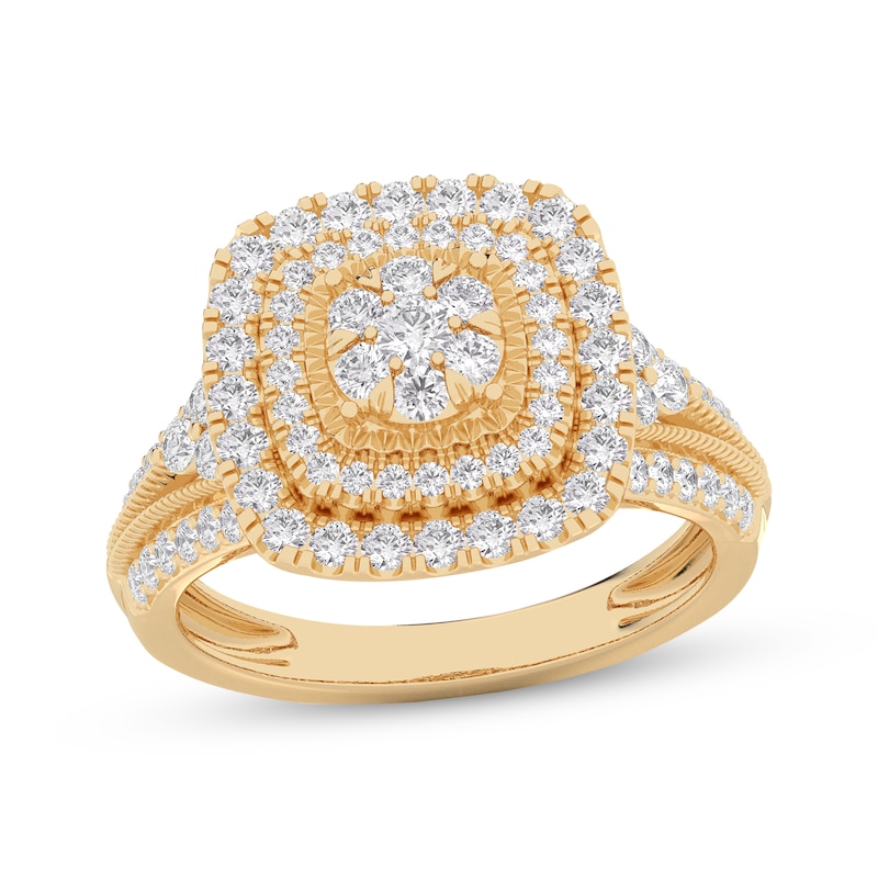 Main Image 1 of Multi-Diamond Cushion Double-Halo Engagement Ring 1 ct tw 14K Yellow Gold