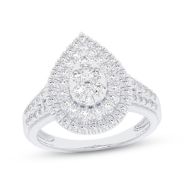 Multi-Diamond Pear-Shaped Double-Halo Engagement Ring 1 ct tw 14K White Gold