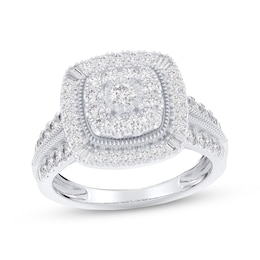 Multi-Diamond Cushion Halo Engagement Ring 1 ct tw 14K White Gold