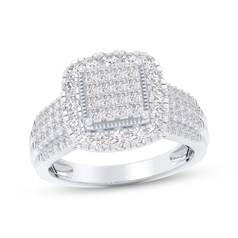 Princess-Cut Multi-Diamond Cushion Halo Engagement Ring 1 ct tw 14K White Gold