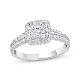 Adore Multi-Diamond Cushion Halo Engagement Ring 1/2 ct tw 14K White Gold