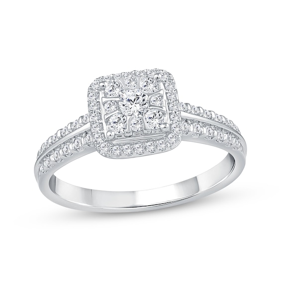 Multi-Diamond Cushion Halo Engagement Ring 1/2 ct tw 14K White Gold