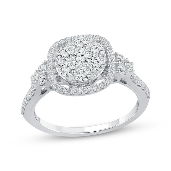 Multi-Diamond Cushion Halo Engagement Ring 1 ct tw 14K White Gold