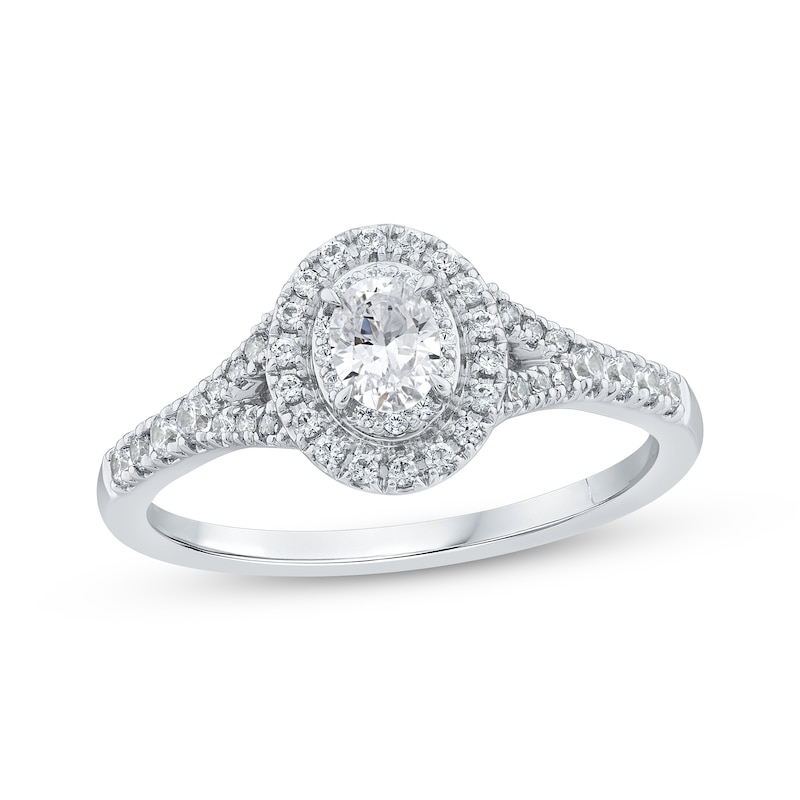 Main Image 1 of Oval-Cut Diamond Halo Engagement Ring 1/2 ct tw 14K White Gold