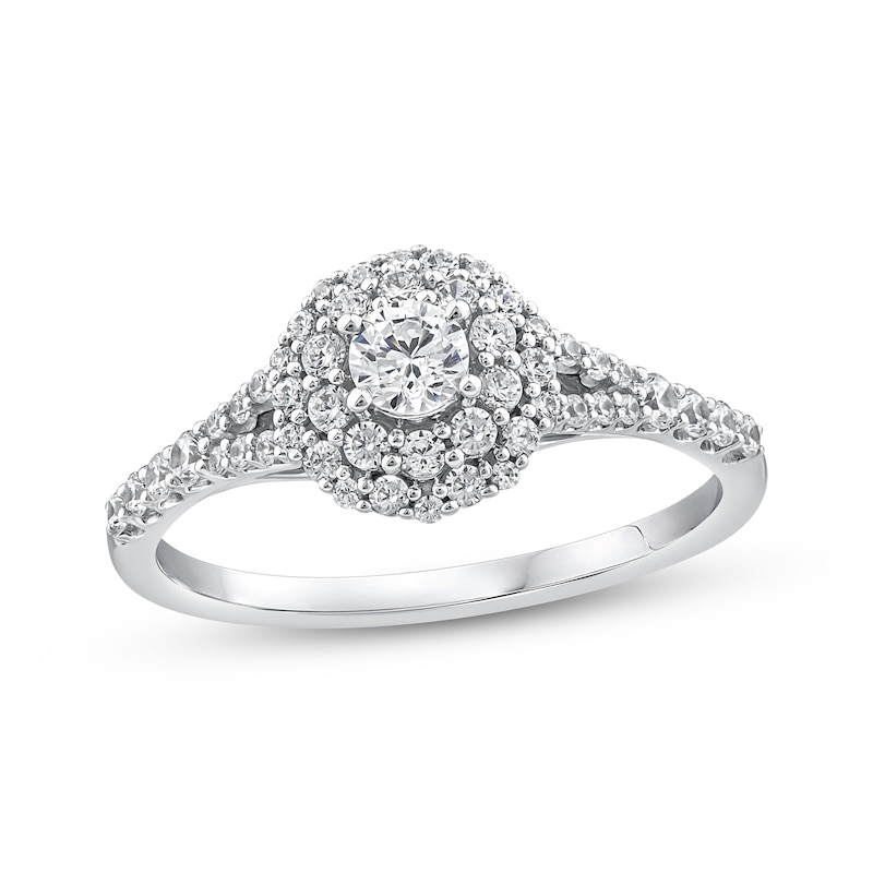 Round-Cut Diamond Double Halo Engagement Ring 1/2 ct tw 14K White Gold