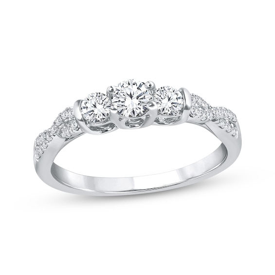 Round-Cut Diamond Three-Stone Twist Shank Engagement Ring 1/2 ct tw 14K White Gold