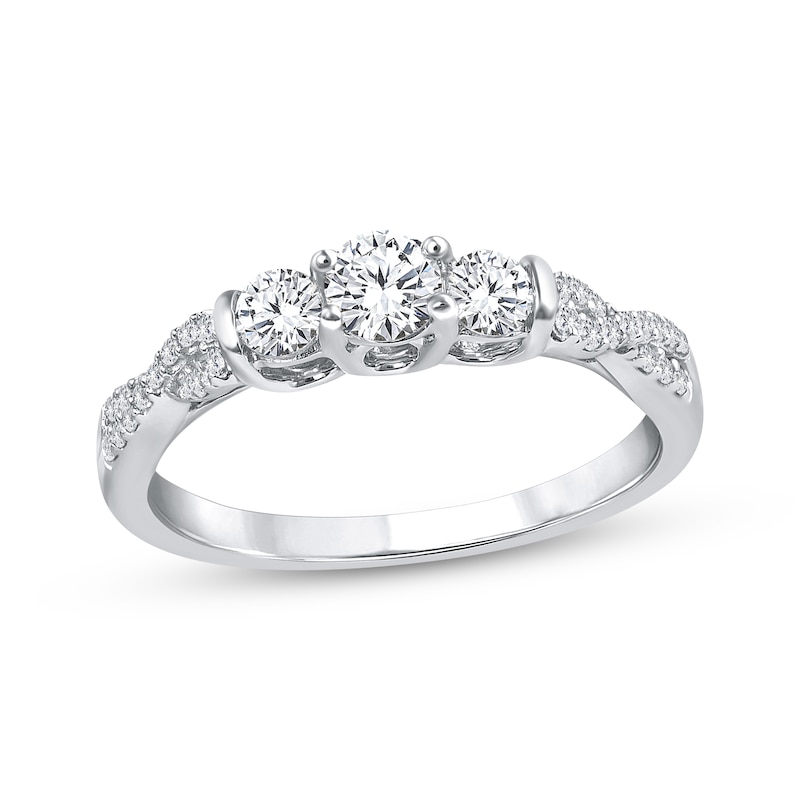 Main Image 1 of Round-Cut Diamond Three-Stone Twist Shank Engagement Ring 1/2 ct tw 14K White Gold