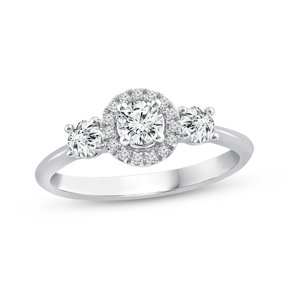Round-Cut Diamond Three-Stone Center Halo Engagement Ring 5/8 ct tw 14K White Gold
