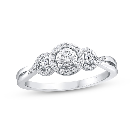 Round-Cut Diamond Three-Stone Halo Engagement Ring 1/4 ct tw 14K White Gold