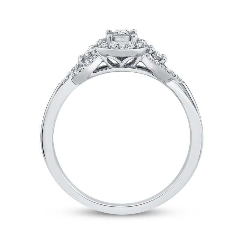 Main Image 3 of Round-Cut Diamond Three-Stone Halo Engagement Ring 1/4 ct tw 14K White Gold