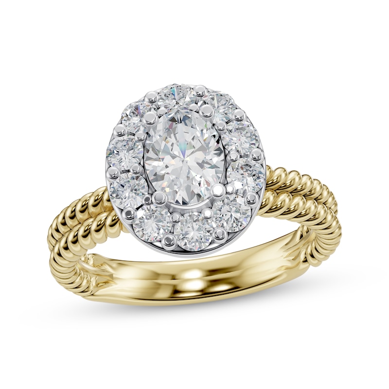 Main Image 1 of Oval-Cut Diamond Halo Twist Shank Engagement Ring 1 ct tw 14K Two-Tone Gold