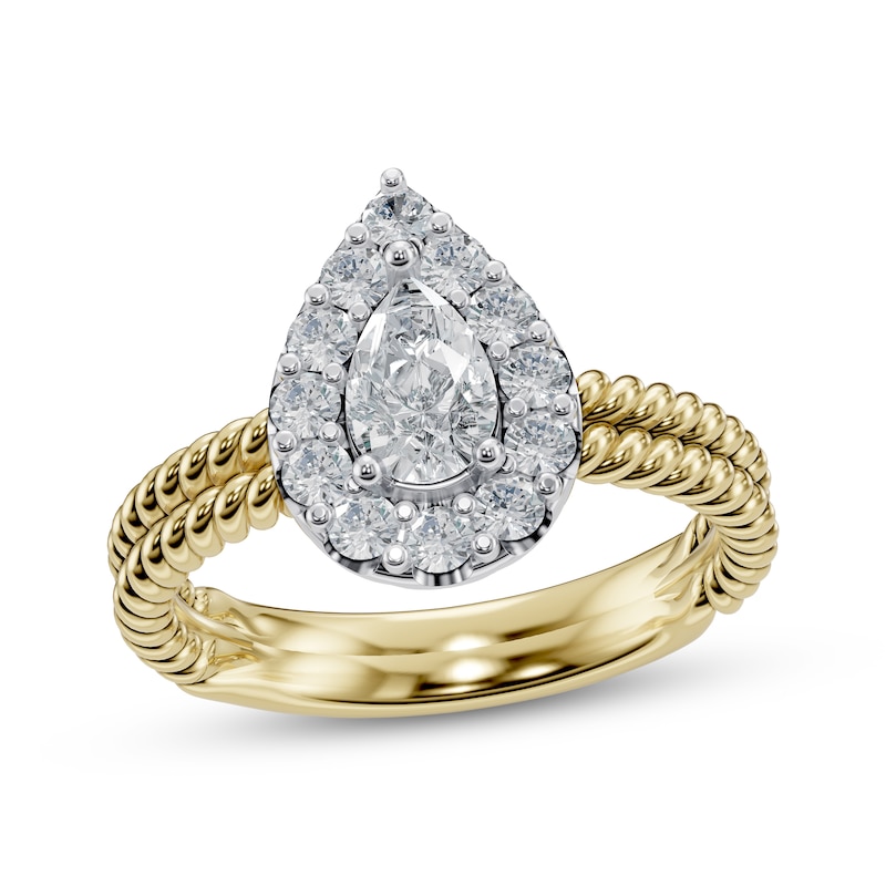 Main Image 1 of Pear-Shaped Diamond Halo Twist Shank Engagement Ring 1 ct tw 14K Two-Tone Gold