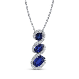 Memories Moments Magic Oval-Cut Blue Lab-Created Sapphire & Diamond Three-Stone Necklace 1/8 ct tw Sterling Silver 18&quot;