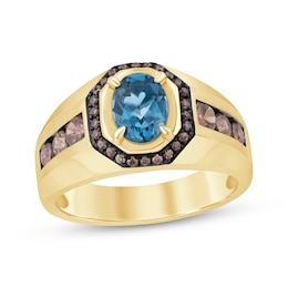 Men's Oval-Cut London Blue Topaz & Brown Diamond Ring 7/8 ct tw 10K Yellow Gold