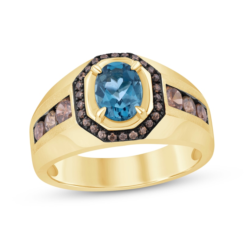 Main Image 1 of Men's Oval-Cut London Blue Topaz & Brown Diamond Ring 7/8 ct tw 10K Yellow Gold