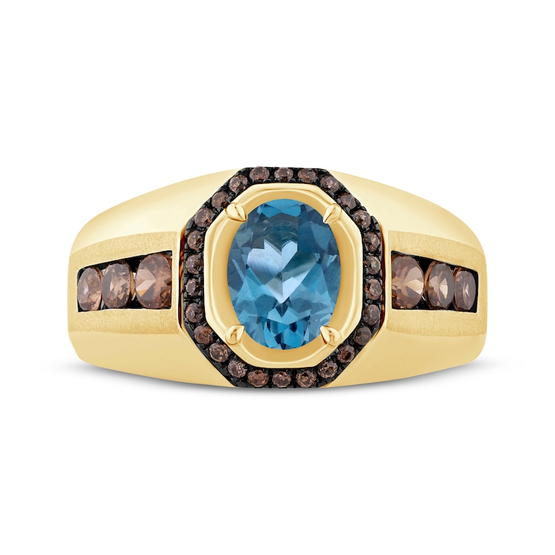 Main Image 3 of Men's Oval-Cut London Blue Topaz & Brown Diamond Ring 7/8 ct tw 10K Yellow Gold