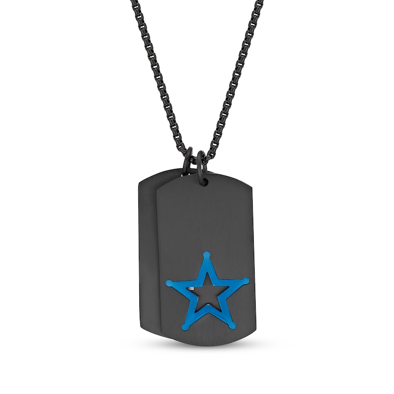 Main Image 1 of Men's &quot;Blue Lives Matter&quot; Star Double Dog Tag Necklace Black & Blue Ion-Plated Stainless Steel 24&quot;