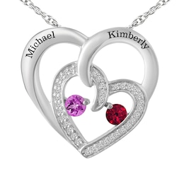 1/10 ct tw Diamond and Couple's Birthstone Necklace (2 Stones and Lines)